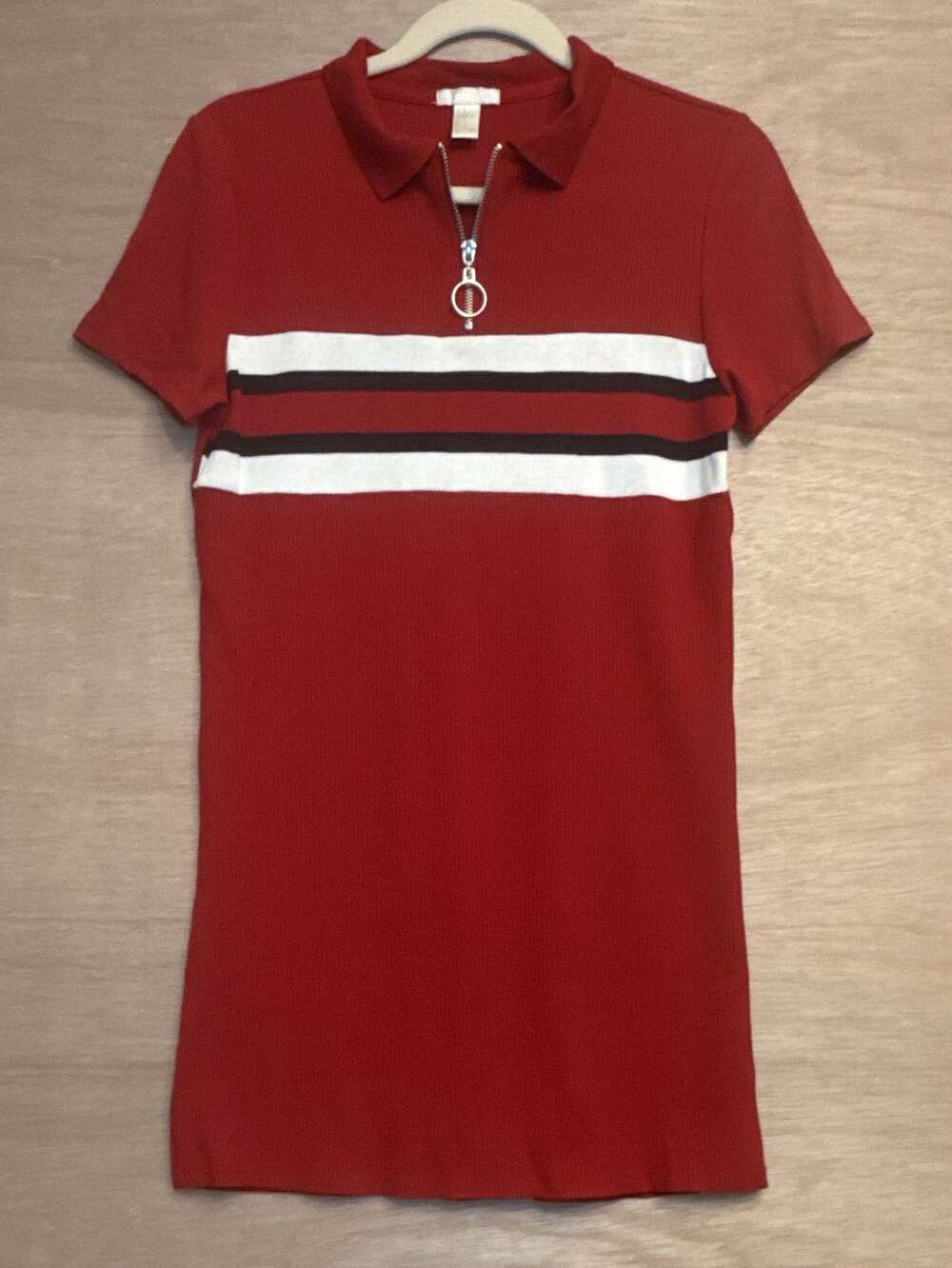 Forever 21 Y2K Ribbed Striped Zip Polo Dress Size L Red White